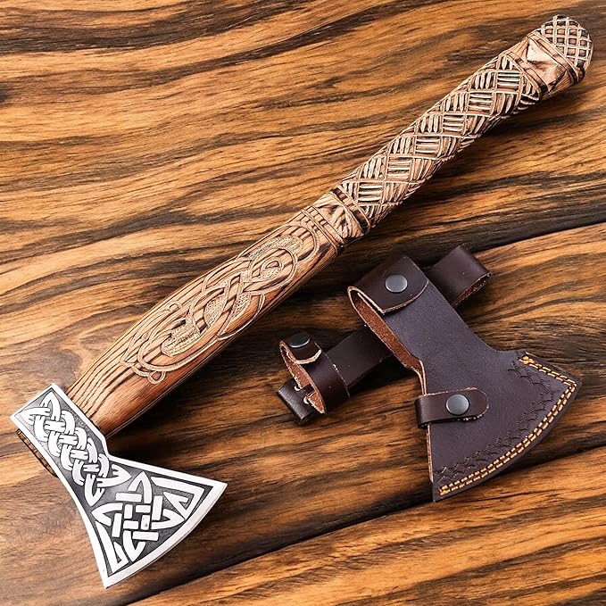 AX-7615 Custom Gift Forged Carbon Steel Viking Axe with Rose Wood Shaft, Viking Bearded Camping Axe