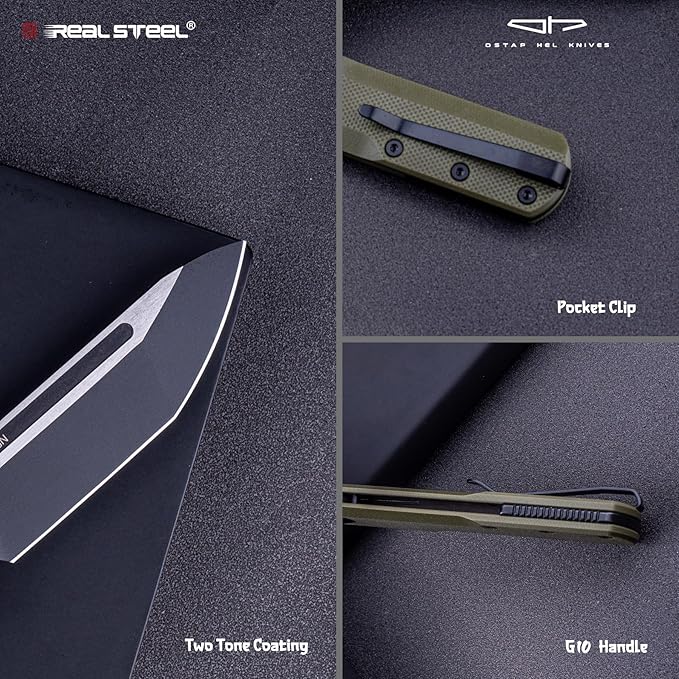 REALSTEEL G-Tanto Pocket Knife,Folding Knives,2.6" Nitro-V Blade,Double Detent Ball Slipjoint EDC,G10 Handle,2.2oz,Clip,Gift for Men Women Outdoor Indoor Daily Use Camping Hiking(Green Black)