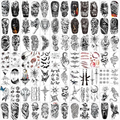 82 Sheets Halloween Temporary Tattoos, 3D Scary Lion Wolf Tiger Skull Skeleton Spider Fake Tattoos Stickers for Men Women Adults