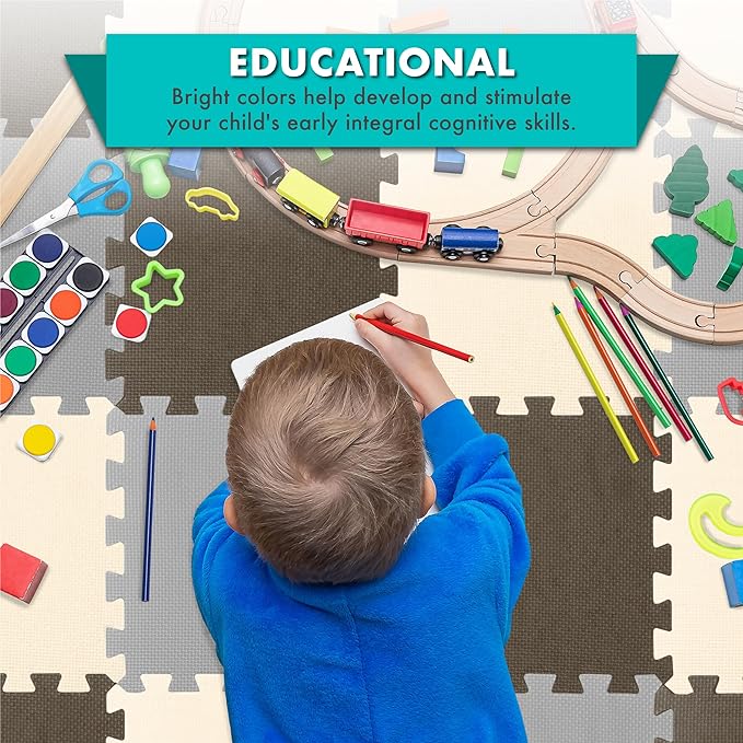 ProSource Foam Puzzle Floor Play Mat for Kids and Babies with Solid Colors, 36 or 16 Interlocking Tiles with Borders, Brown/Beige/Grey
