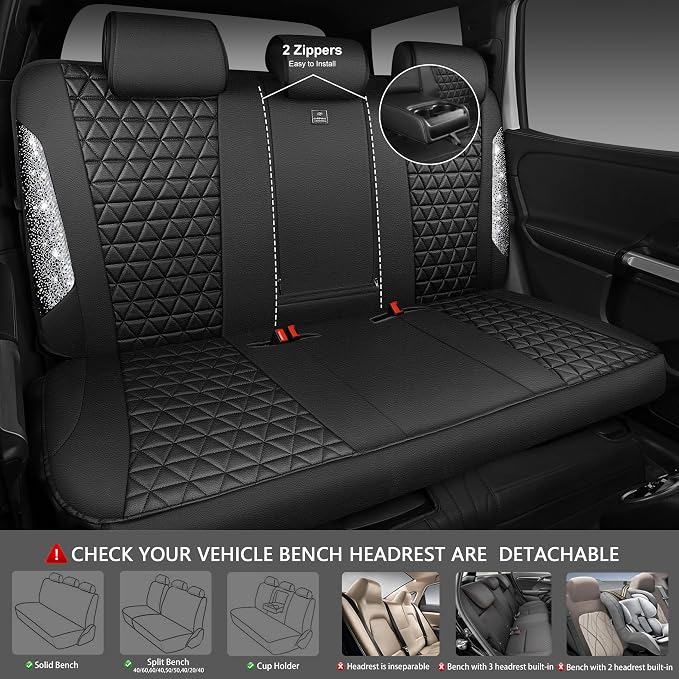 CAR PASS Bling Diamond Leather Car Seat Covers Full Seats Interior Sets, Waterproof Shining Glitter Sparkly Crystal Universal Armrest Fit Automotive Truck SUV Cute Women Girl, Black Silver Rhinestone