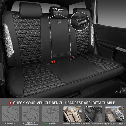 CAR PASS Bling Diamond Leather Car Seat Covers Full Seats Interior Sets, Waterproof Shining Glitter Sparkly Crystal Universal Armrest Fit Automotive Truck SUV Cute Women Girl, Black Silver Rhinestone