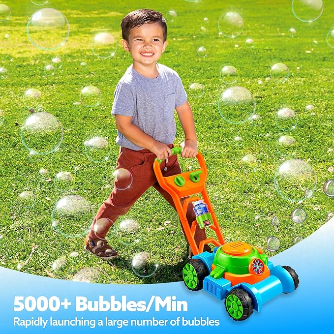 SLOOSH Bubble Lawn Mower Toddler Toys - Leak-Proof Bubble Machine Pretend and Play Gardening Toy for Indoor Outdoor Use, Push Toys Preschool Baby Boys Kids Halloween Birthday Gifts (Blue)