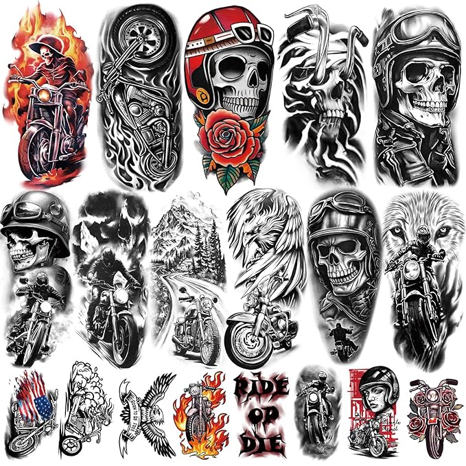 77 Sheets Temporary Tattoos, 17 Sheets Half Arm Motorcycle Skull Flame Flower Mechanical Fake Tattoos for Adults Shoulder Neck, 60 Sheets Tiny Temporary Tattoos Realistic for Men Women Boy Girl