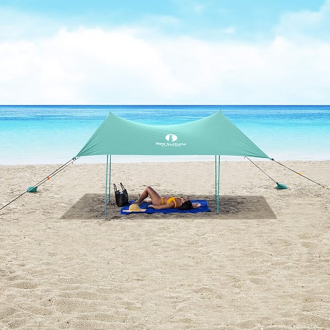 Red Suricata Family Beach Tent & Canopy, UPF50 Sun Shade, 4 Aluminum Poles, Sand Shovel, Medium Portable Sun Shelter (Medium, Turquoise)