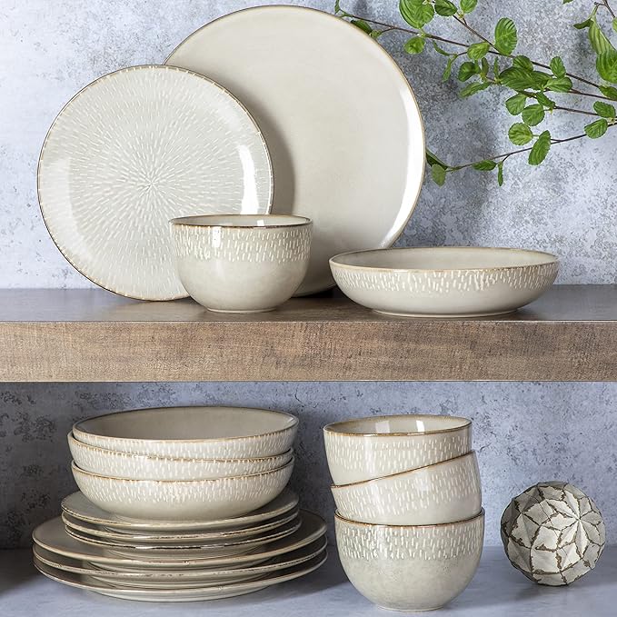 Gibson Elite Matisse 16-Piece Double Bowl Dinnerware Set – Service for 4, Taupe Stoneware Plates and Bowls