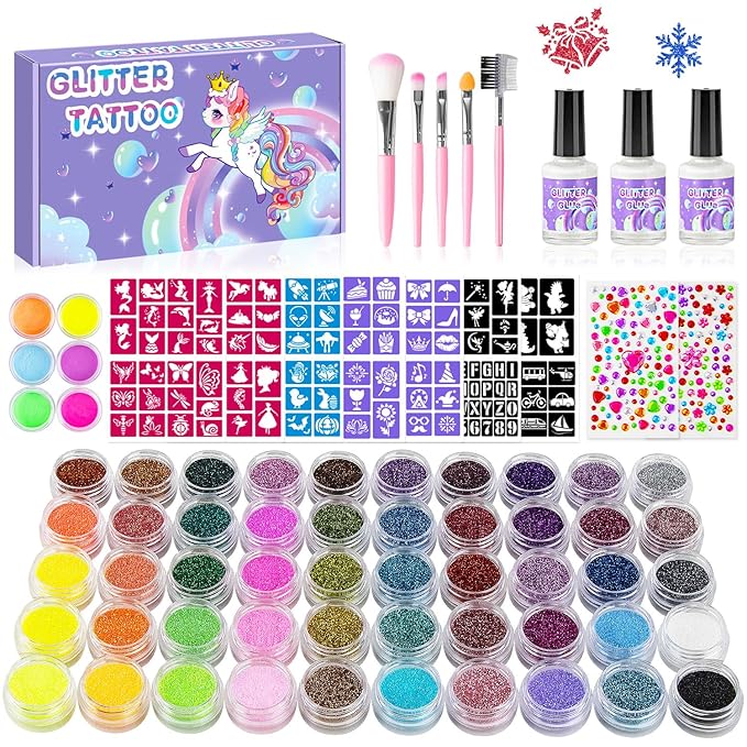 Temporary Glitter Tattoos Kids,50 Glitter Colors and 6 Fluorescent Colors,178 Stencils,2 diamond stickers,3 Glue,5 Brushes,Adults and Kids Arts Glitter Kit,Wonderful Holiday Gifts for Girls & Boys.