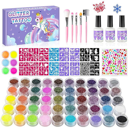 Temporary Glitter Tattoos Kids,50 Glitter Colors and 6 Fluorescent Colors,178 Stencils,2 diamond stickers,3 Glue,5 Brushes,Adults and Kids Arts Glitter Kit,Wonderful Holiday Gifts for Girls & Boys.