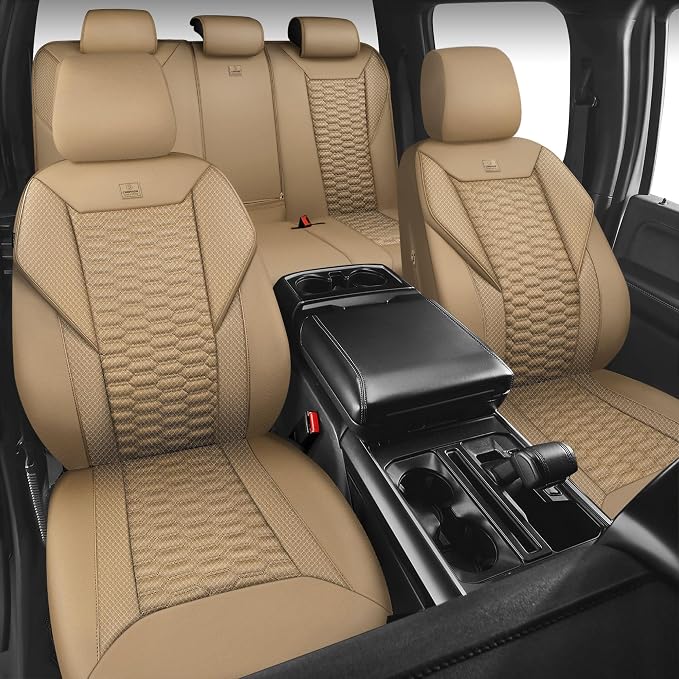 CAR PASS 3D Foam Mesh Leather Car Seat Covers Full Set, Tan Breathable Mesh Faux Leather Seat Covers for Car, Universal Fit for SUV Truck Sedan Automotive, Armrest Airbag Compatible, All Beige