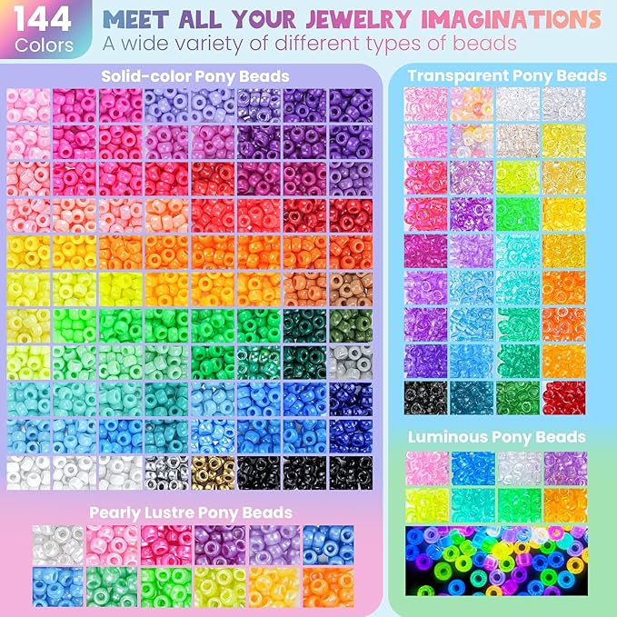 Gionlion 7 Boxes Pony Beads Bracelet Making Kit, 144 Colors 4700Pcs 6x9mm Kandi Rave Beads, Friendship Bracelet Kit with 800Pcs Letter Bead for DIY Jewelry, Keychains, Arts and Crafts for Kids Girls