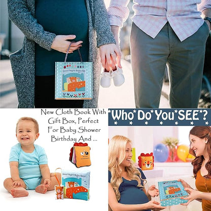 Teddy Bear Baby Book Activity Quiet Cloth Soft Books Developmental Toys Interactive Baby Books for Babies Toddlers Infants, Tummy Time Mirror Toy Gifts for Boys Girl, Goodnight W Box