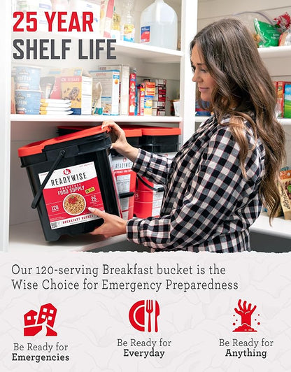 ReadyWise Emergency Food Supply - 120 Servings Breakfast Bucket, Freeze Dried & Dehydrated Meals, Survival Food Kit for Backpacking, Camping Essentials & Prepping Supplies, up to 25 Year Shelf Life
