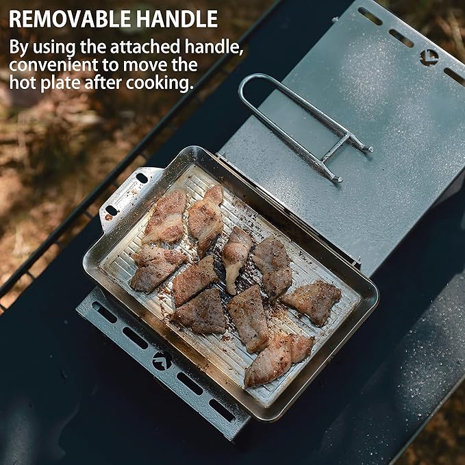 CAMPINGMOON Grill Griddle Plate for Camping Grilling 304 Stainless Steel DO-21,DO-2117 L 8.3'' x W 5.5'' x T 0.16'' Extra-thick with Removable Handle (Plate with Cover (DO-2117))