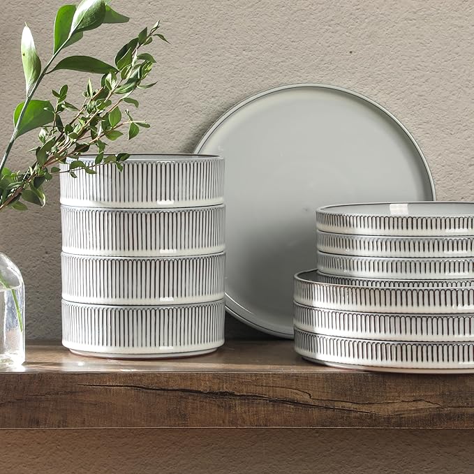 Gibson Elite 12 Piece (Service for 4) Townscape Plates and Bowls Reactive Glaze Embossed Round Dishes Terracotta Ceramic Dinnerware Set - Cream White