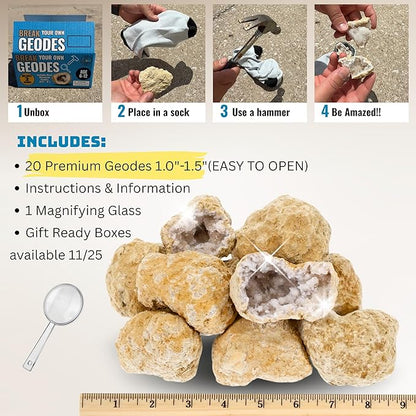 Break Your Own Geodes Kit for Kids – 20 Natural Geodes (1.0–1.5”) with Magnifying Glass & Learning Guide – STEM Science Rock Kit for Kids Ages 6–12 – Educational Gift for Classrooms & Parties