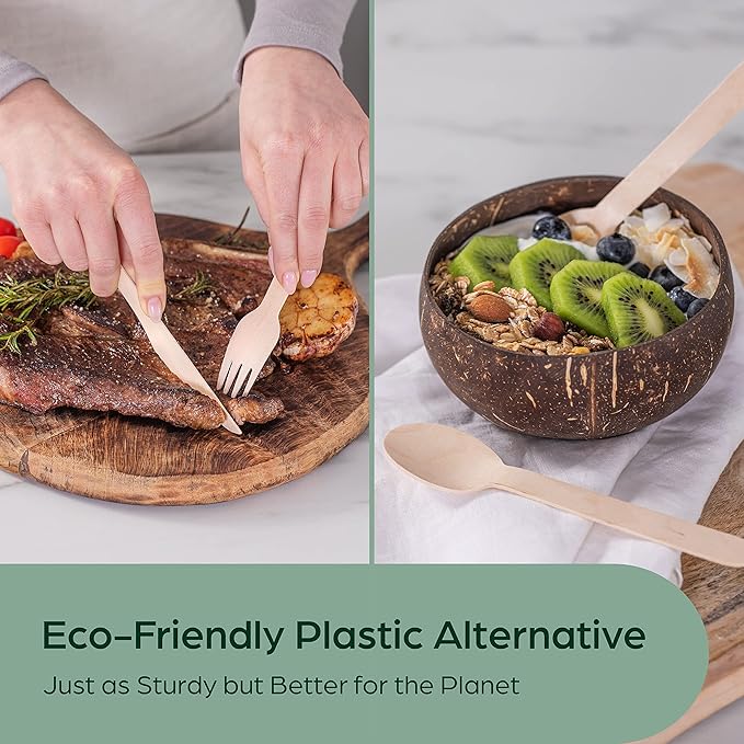 PURPLECLAY Disposable Wooden Utensils 300 PCS (100 Sets) Cutlery Wrapped with Fork, Spoon, Knife, Napkin