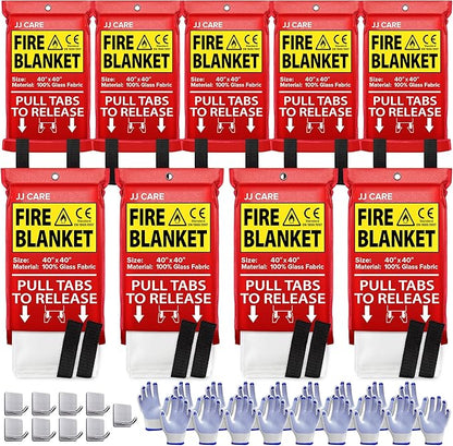 JJ CARE Fire Blanket ??9 Packs with Hooks and Gloves ??40??x 40??Fire Blankets Emergency for Home and Kitchen, High Heat Resistant and Flame Protection for Kitchen, Car, Office, Camping & Home Safety