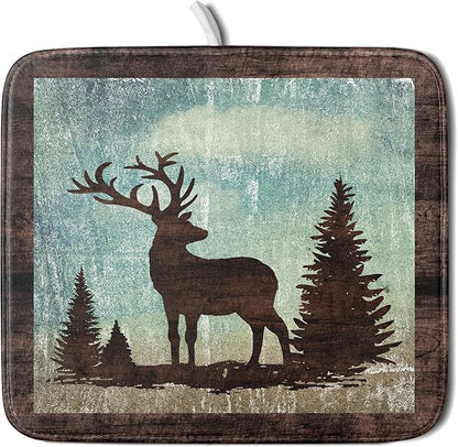 Giwawa Retro Deer Forest Cabin Silhouette Dish Drying Mat Countertop 16x18 Fall