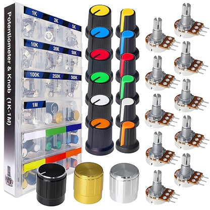 EEEEE 84pcs WH148 Potentiometer Kit 1K 2K 5K 10K 20K 50K 100K 250K 500K 1M K Ohm 15mm Shaft Single-Joint Linear Potentiometers 3Pins Set Variable Resistors with Knob Plum Cap Aluminum Alloy Knobs