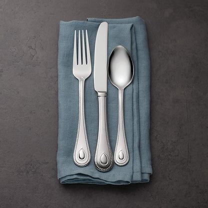 Lenox Silverware Set For 12, French Perle 65-Piece Flatware Set with Serving Utensils, Service For 12, Elegant 18/10 Stainless Steel Utensils with Beading, Knives Spoons & Forks (Silver, 65 Piece)