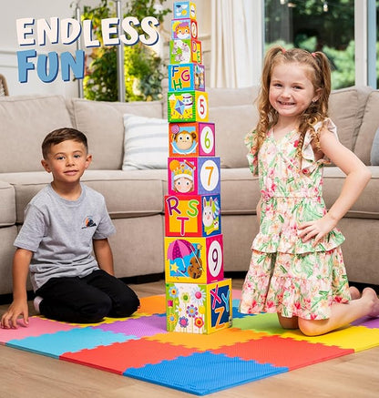 TOYVELT Foam Puzzle Floor Mat for Kids 12x12-16 Interlocking Play Mat Tiles with Colors, Shapes, Alphabet, ABC, Numbers - Educational Large Puzzle Foam Floor Tiles for Crawling