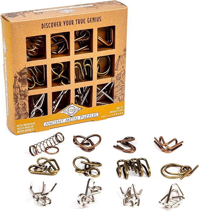 Ancient Metals 12-Piece Metal Puzzle Set – Brain Teaser Disentanglement Puzzles for Adults & Teens, Logic Game Gift for Men, Stress Relief Desk Toys, Unique Metal Mind Challenges