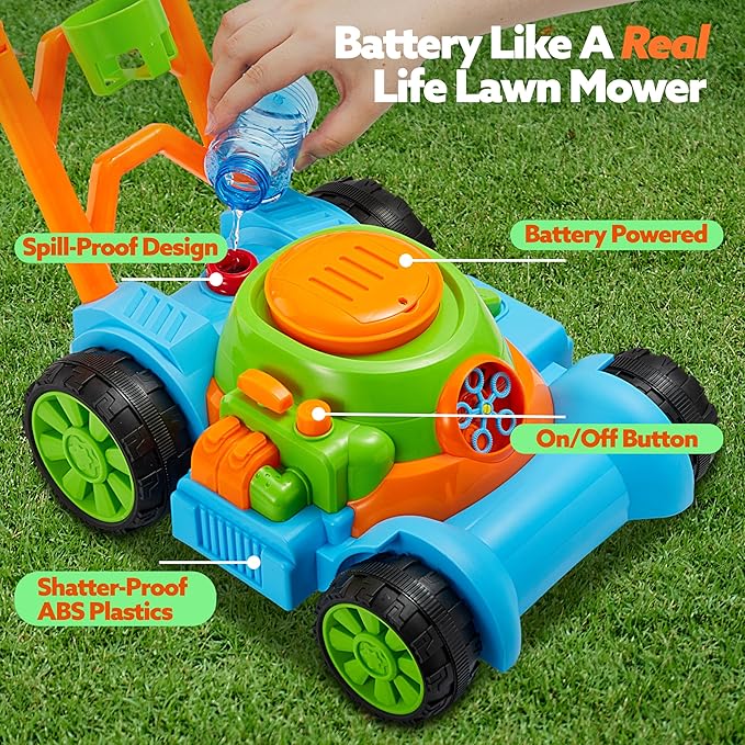 SLOOSH Bubble Lawn Mower Toddler Toys - Leak-Proof Bubble Machine Pretend and Play Gardening Toy for Indoor Outdoor Use, Push Toys Preschool Baby Boys Kids Halloween Birthday Gifts (Blue)