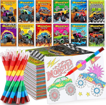 BenLouis 12 Monster Truck Mini Coloring Books Kids with 12 Stacking Crayons Car wheels Party Favors Small Activity Books Bulk for Kids Monster Truck Party Gift Goodie Bag Stuffers