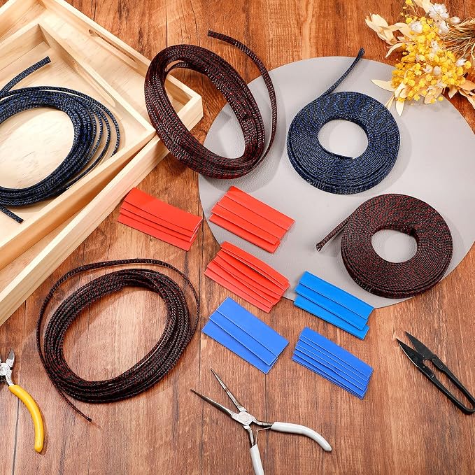 Xuniea 96ft Wire Loom Braided Cable Sleeve Covers Cord Management with 127 Pcs Tube Heat Shrinkable for Audio Video Cable Cord Protectors from Pets(1/2, 1/4, 3/8 Inch,Red, Blue and Black)