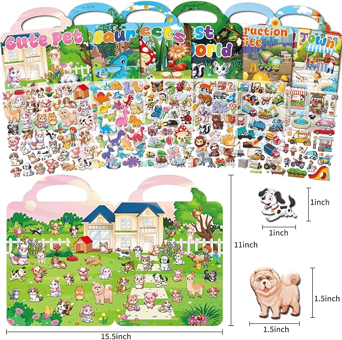 6 Set Reusable Sticker Books for Toddlers 3-5, Kids 3D Puffy Stickers (Dinosaurs, Forest, Town, Pets, Construction, Insects), Sticker Activity Books