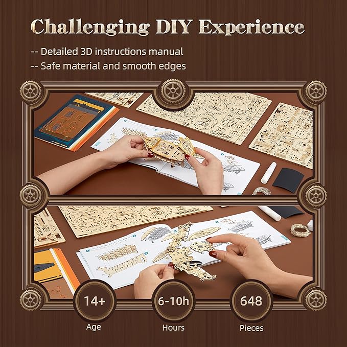 LED 3D Wood Puzzle Fantasy Airship Model - Steampunk DIY Craft Kit with LED Lights – Intricate Wooden Airship Model Building Set for Teens and Adults(Orange)