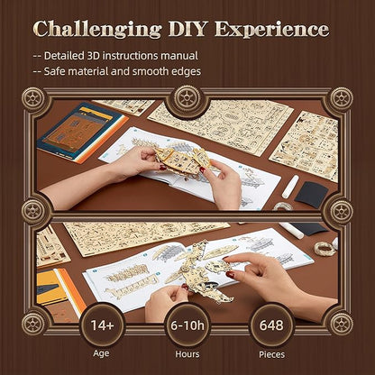 LED 3D Wood Puzzle Fantasy Airship Model - Steampunk DIY Craft Kit with LED Lights – Intricate Wooden Airship Model Building Set for Teens and Adults(Orange)