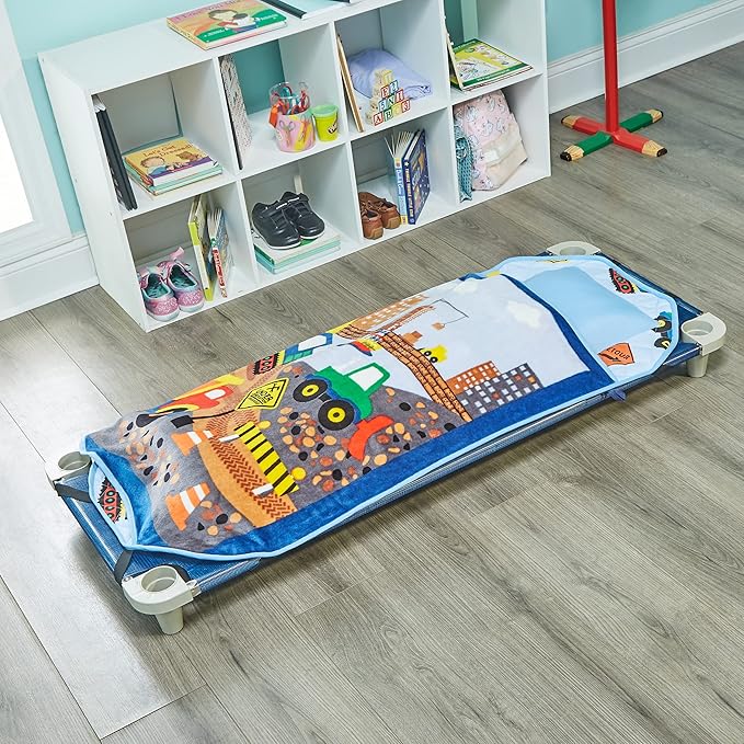EVERYDAY KIDS Cute Preschooler and Toddler Cot Nap Mat for Home, Daycare, Preschool and Kindergarten; Easy to Roll Sleeping Mat with Elastic Straps, Pillow and Blanket