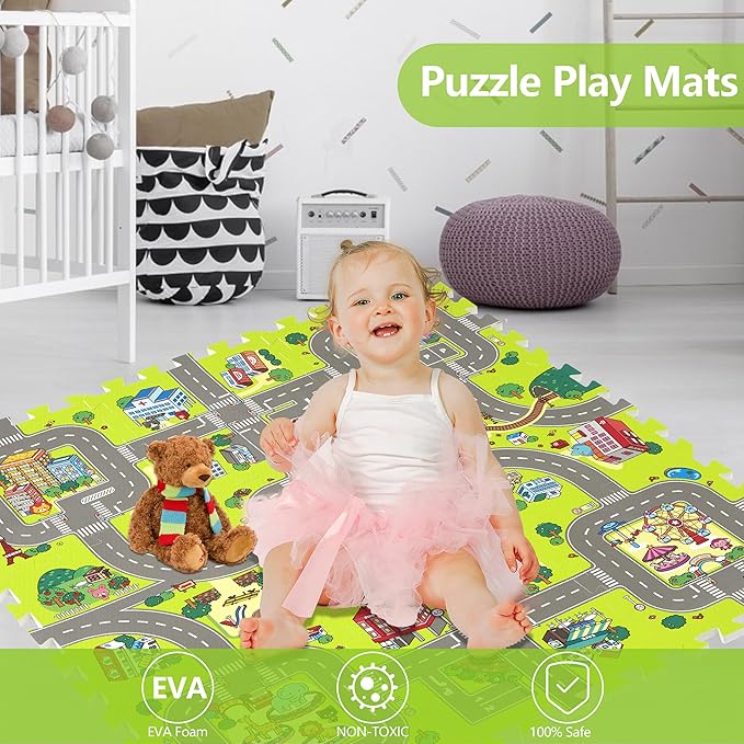 Baby Play Mats for Floor, Foam Play Mat, Interlocking Foam Tiles City Road Track Puzzle Mat 9 Pieces