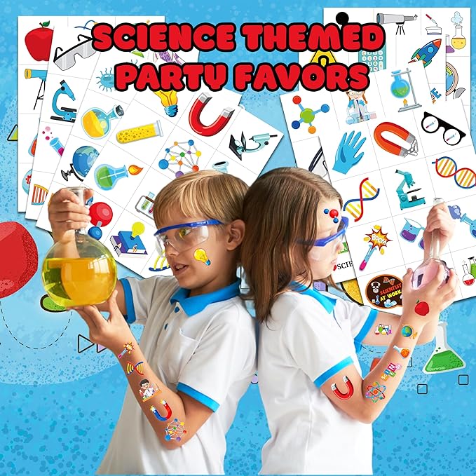 96PCS Funny Science Temporary Tattoos Mad Scientist Laboratory Themed Birthday Party Decorations Favors Supplies Decor Math Chemistry Experiment Tattoo Stickers Gifts For Kids Boys Girls School Prizes