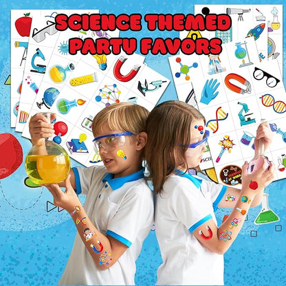 96PCS Funny Science Temporary Tattoos Mad Scientist Laboratory Themed Birthday Party Decorations Favors Supplies Decor Math Chemistry Experiment Tattoo Stickers Gifts For Kids Boys Girls School Prizes
