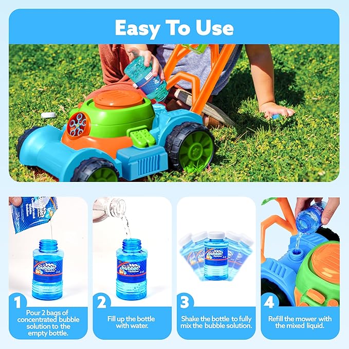 SLOOSH Bubble Lawn Mower Toddler Toys - Leak-Proof Bubble Machine Pretend and Play Gardening Toy for Indoor Outdoor Use, Push Toys Preschool Baby Boys Kids Halloween Birthday Gifts (Blue)