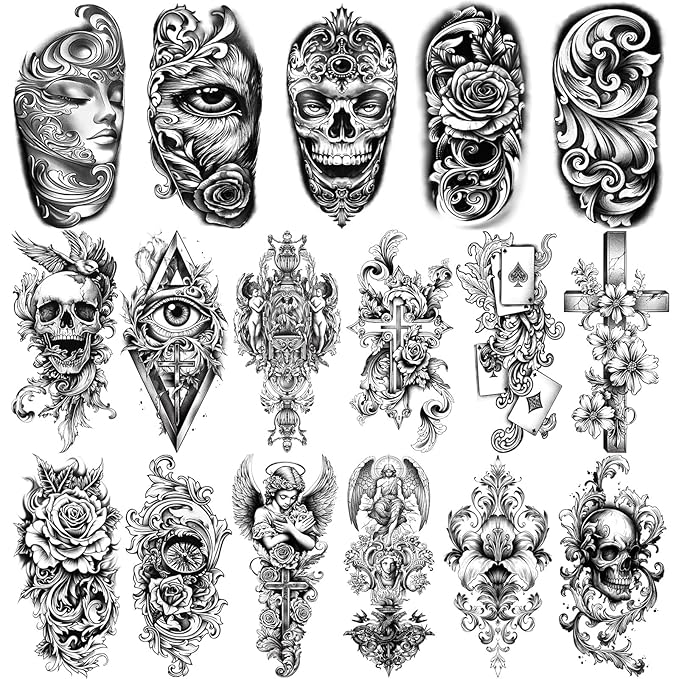 Temporary Tattoos for Adults, 47 Sheets Baroque Religious Flower Skull Designs Fake Tattoos, 17 Half Arm tat and 30 Small temp Tattoos