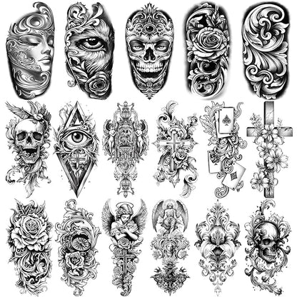 Temporary Tattoos for Adults, 47 Sheets Baroque Religious Flower Skull Designs Fake Tattoos, 17 Half Arm tat and 30 Small temp Tattoos