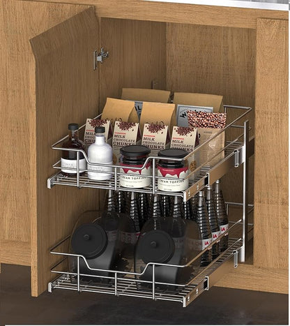 2 Tier Pull Out Cabinet Organizer 11" W X 17" D, Slide Out Drawers for Kitchen Cabinets, Pull Out Drawers for Cabinets Capacity Heavy Duty Caddy, Cabinet Pullout Shelves Chrome-Plated,Bathroom Pantry