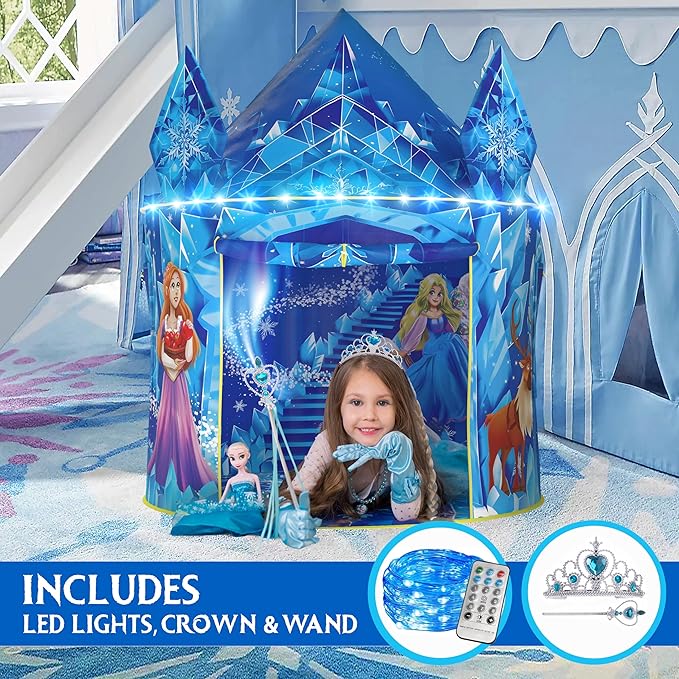 W&O Frozen Princess Tent for Girls with Magical Sound Button, LED Lights, Crown & Wand – Indoor & Outdoor Frozen Tent for Girls Ages 3-7