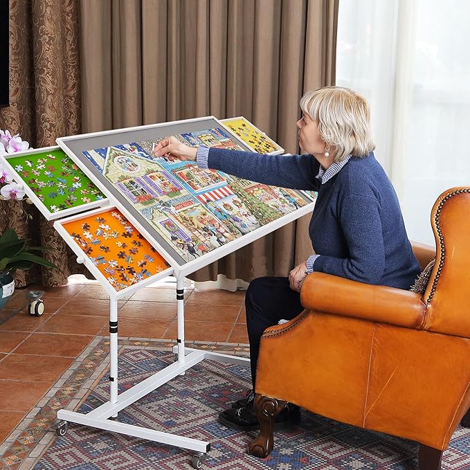 1000 Piece Jigsaw Puzzle Board Table with Drawers and Cover, Puzzle Board with Adjustable Angle and Height, Movable Puzzle Table with Legs for Adults, 30''x22'' Board with Storage, 4 Wheels