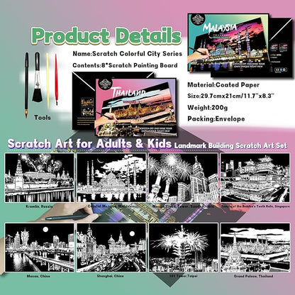 Scratch Art Painting Kit for Adults-8 Sheets A4 Rainbow Scratch Painting Paper Craft Set with City Landmarks|Stress Relief Gift for Travel&Craft Lovers|Scratch Art Home Decor(Asian Series)