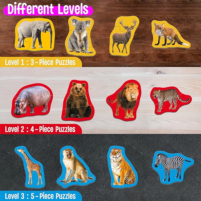 12 Pack Wild Animal Puzzles, 48 Pieces Step-by-Step Animal Jigsaws, Realistic Safari Animal Jigsaw Puzzles with Name Guide Early Learning for Beginner Preschool Toddlers 3+ Years Old