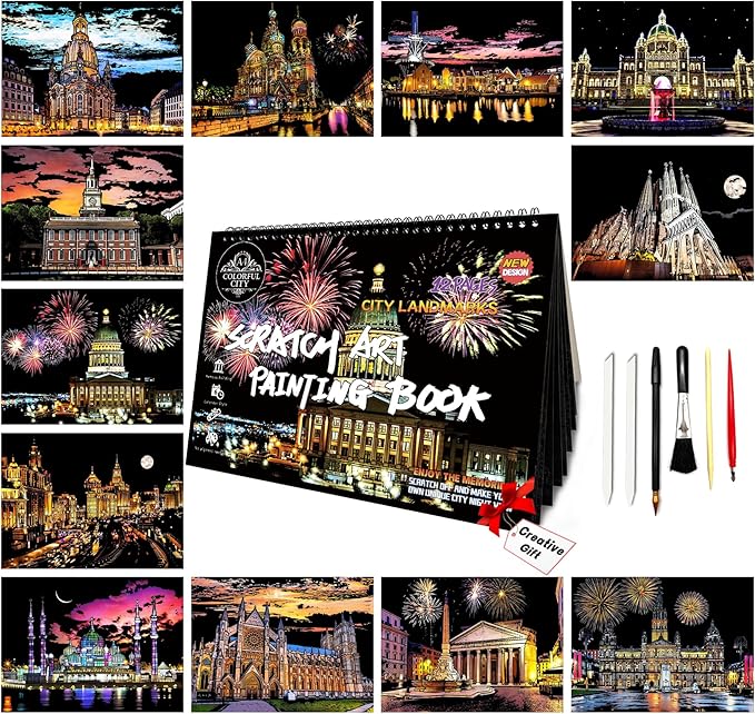 Scratch Art Book for Adults-Landmark Building Scratch Art|Scratch Painting Paper Craft Kit|Creative Foil Engraving Art Set|Scratch City Series Books for Travel Lovers,Craft Lovers(New City 2)