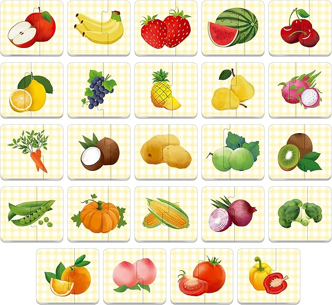 48 Food Matching Puzzles with Error-Correction Mechanism Pre-Primer in 2 Pieces, Perfect for Preschool Learning (24 Blocks Double Sided)