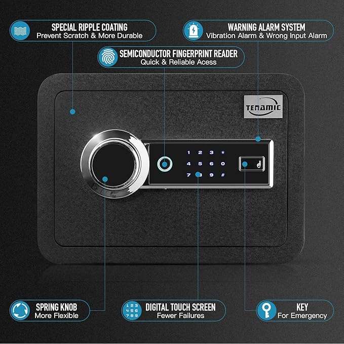 Tenamic Biometric Fingerprint Safe Box 0.85 Cubic Feet Fireproof Waterproof