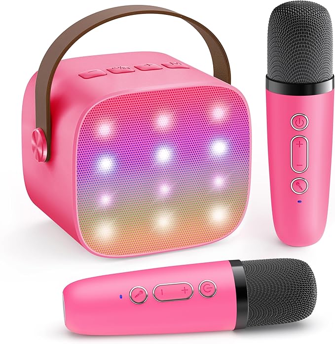 Mini Karaoke Machine for Kids Toys, Portable Bluetooth Speaker with 2 Wireless Microphones, Birthday Gifts for Girls 3, 4, 5, 6, 7, 8, 9, 10, 11, 12+ Years Old Toddler Teens (Hotpink)