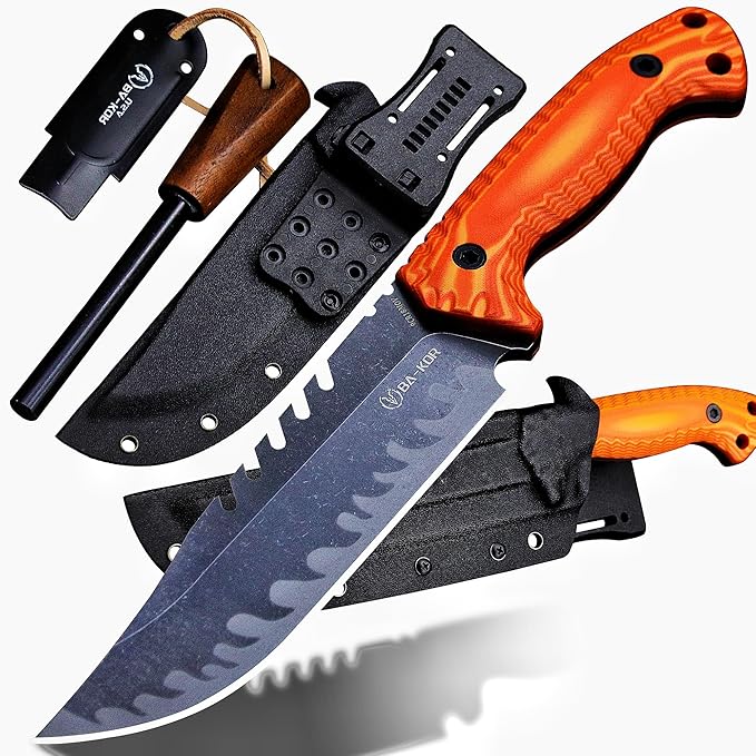 BA-KOR 12.4in Full Tang Fixed Blade Hunting Knife ??6mm 9CR18MoV Steel, G10 Handle, Stonewashed Sawback Blade with Kydex Sheath & Fire Starter for Outdoor, Camping, Survival (Orange with light yellow stripes)