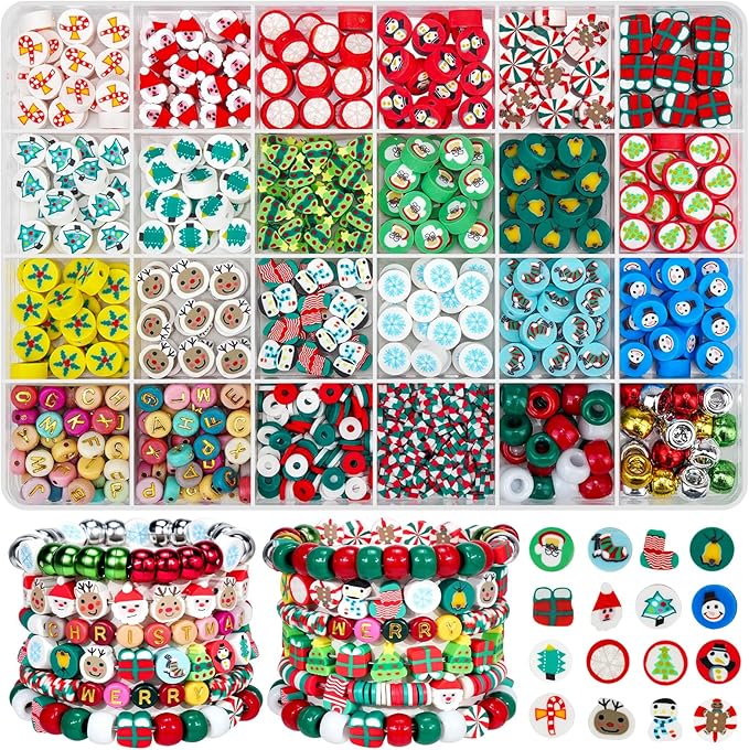 Gionlion Christmas Beads Bracelet Making Kit, 800 Pcs Polymer Clay Beads Jewelry Kit for Girls, Holiday DIY Craft with Christmas Charms, Perfect Stocking Stuffer for Kids